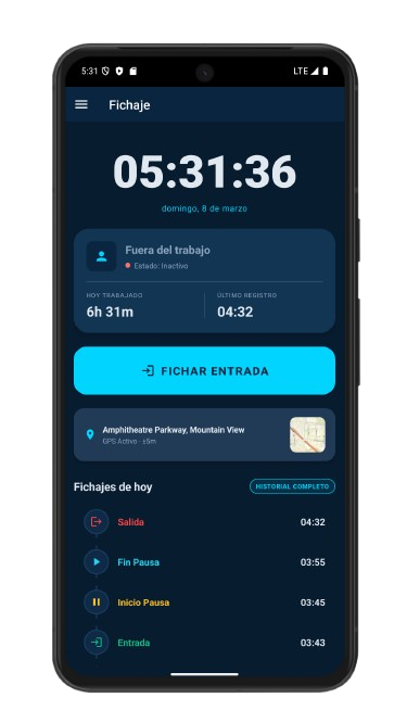 Pantalla principal EBS Control Horario